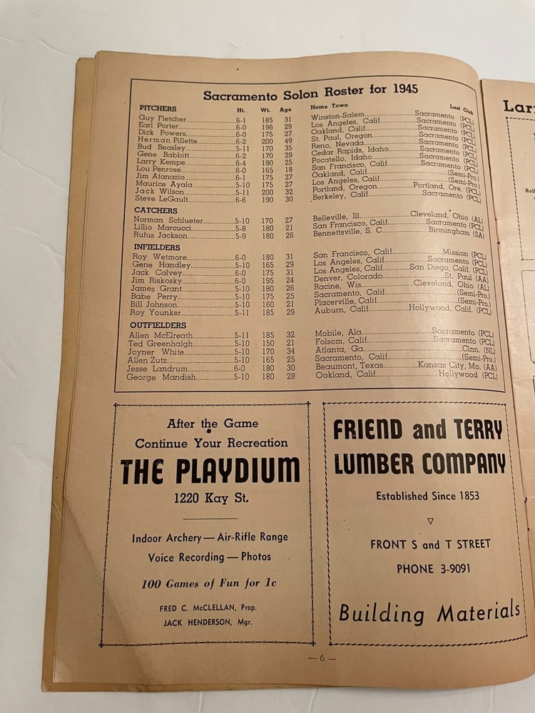 1945 Pacific Coast League Solons Baseball Program Doubleday Park Sacramento Ca