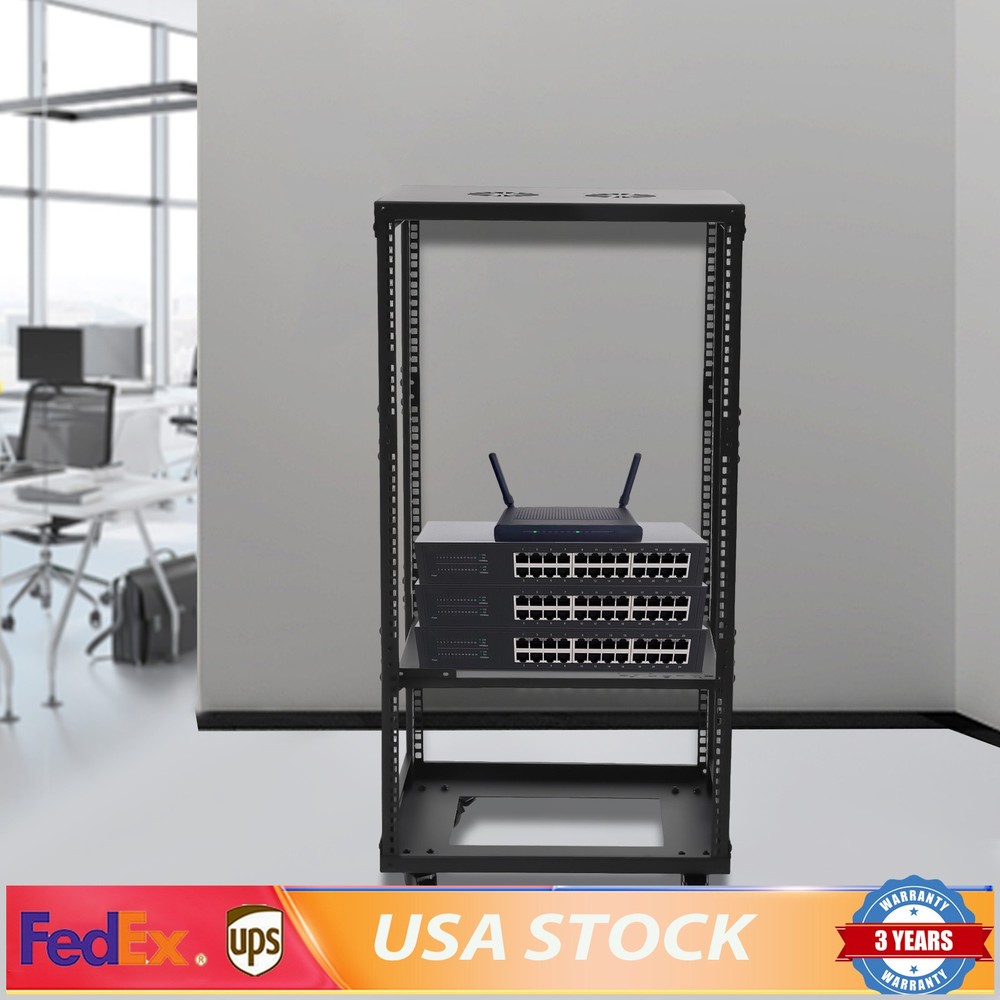 18U 4 Post Open Frame Network Server Rack Holder on Caters Adjustable 0-31.5"