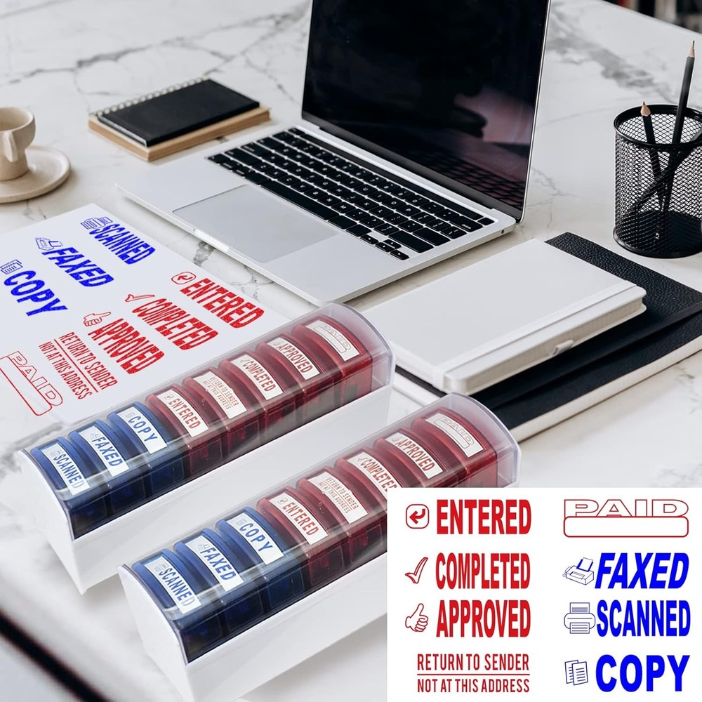 Self Inking Office Stamp Set 8 PCS with Plastic Tray