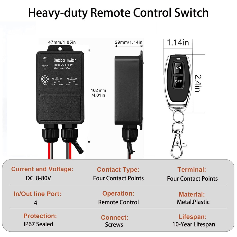 12V Remote Control Switch. IP67 Waterproof DC8-80V 30A Relay Wireless Switch wit