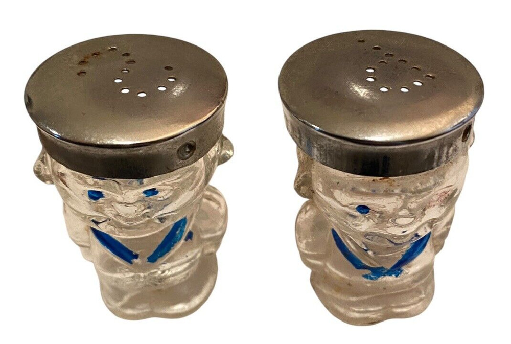 Navy USMC Glass Salt & Pepper Shakers Set Soldiers Vintage Miliary