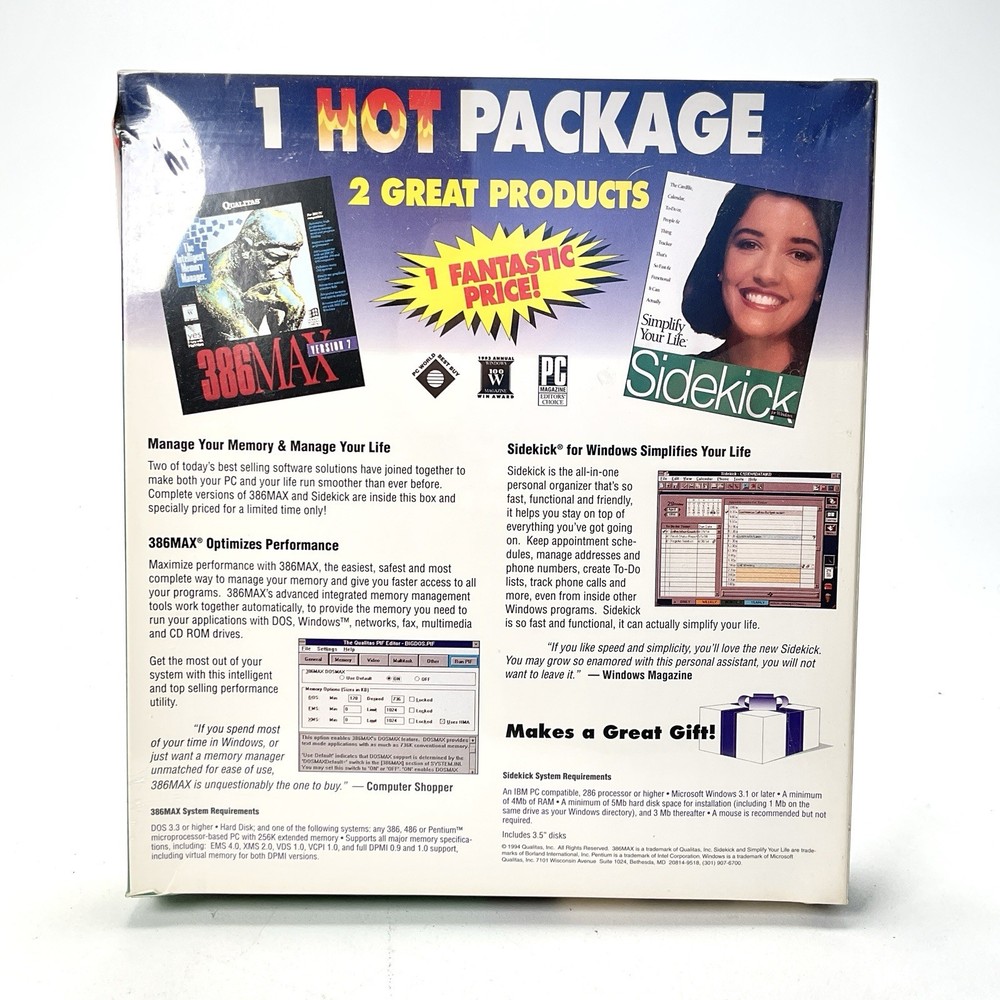 386MAX Version 7 & Sidekick Microsoft Windows Compatible Factory Sealed