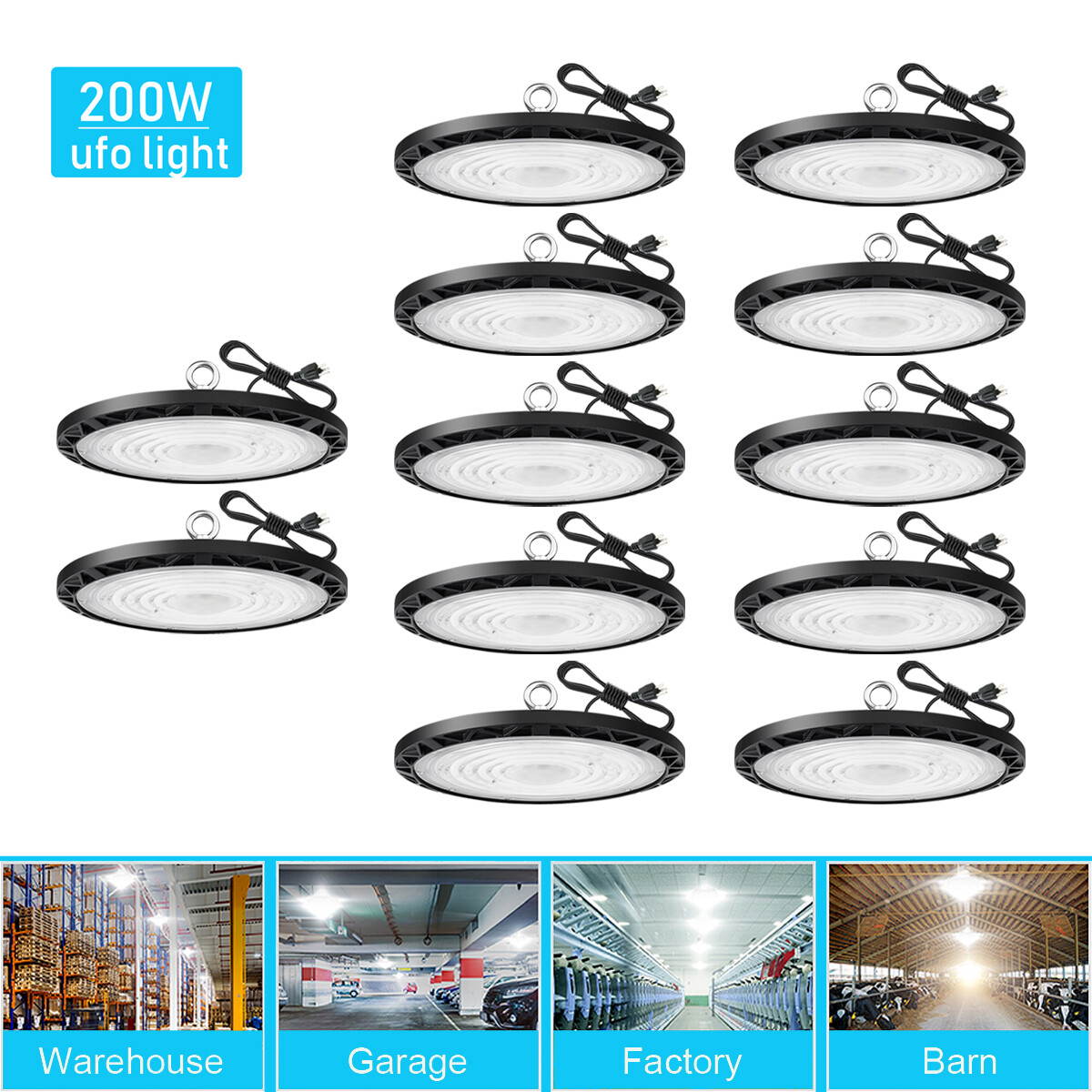 12 Pcs 200W UFO LED High Bay Light Industrial Commercial Warehouse Factory Light