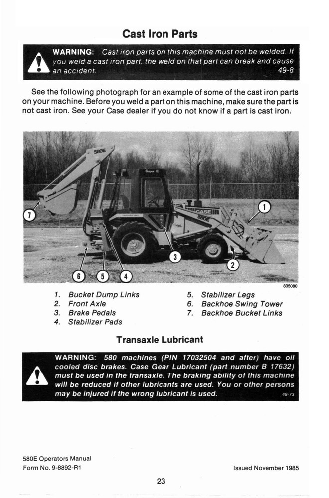 580E Loader Backhoe Operators Manual Fits Case Super E Construction King 9-8893