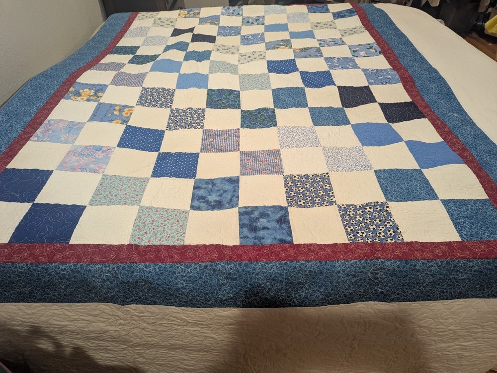 COUNTRY PATCHWORK QUILT King SZ BLUE WHITE Red 2 SIDED