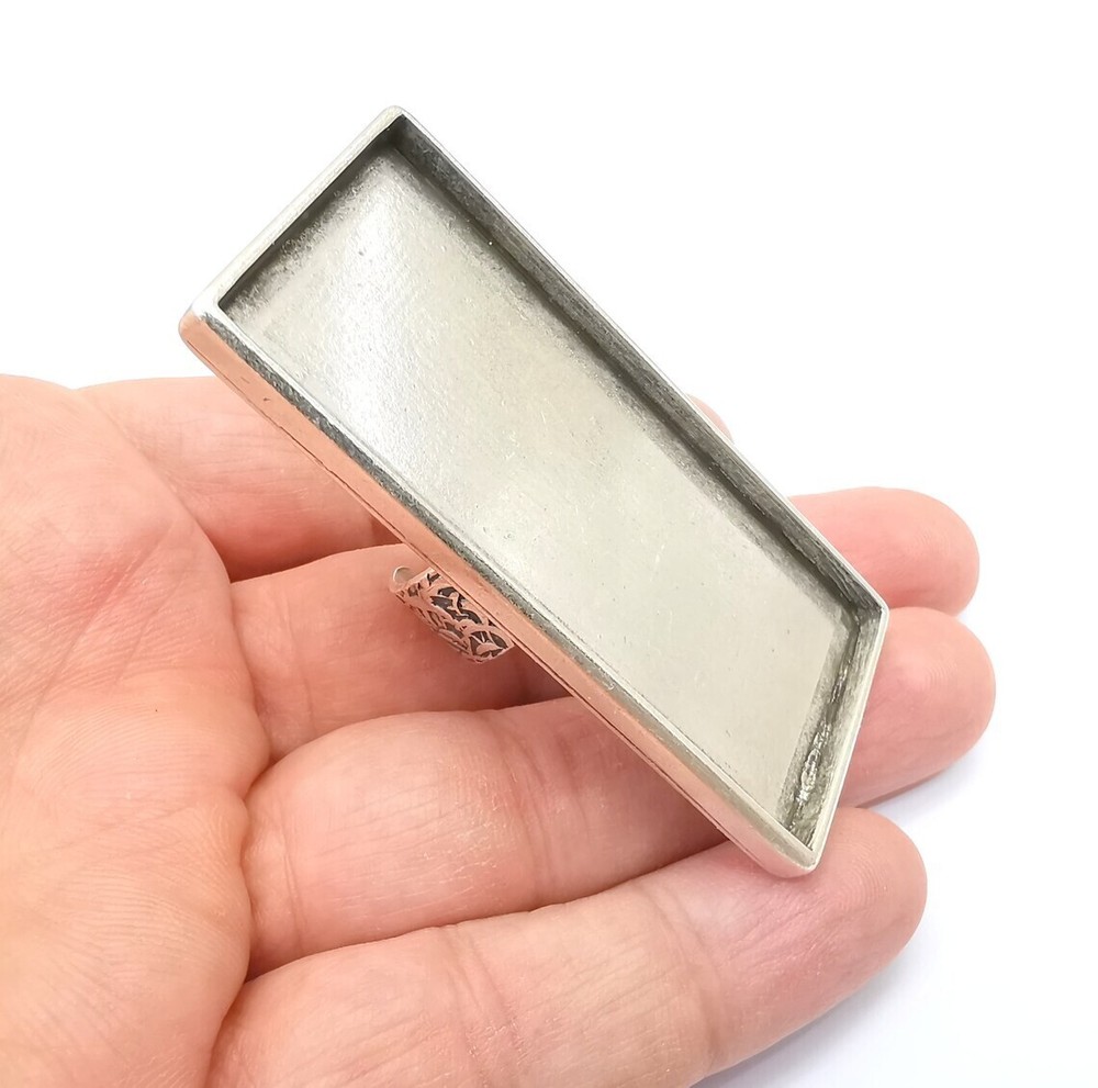 Large Rectangle Ring Blank Settings Cabochon Mounting, Adjustable Antique Silver