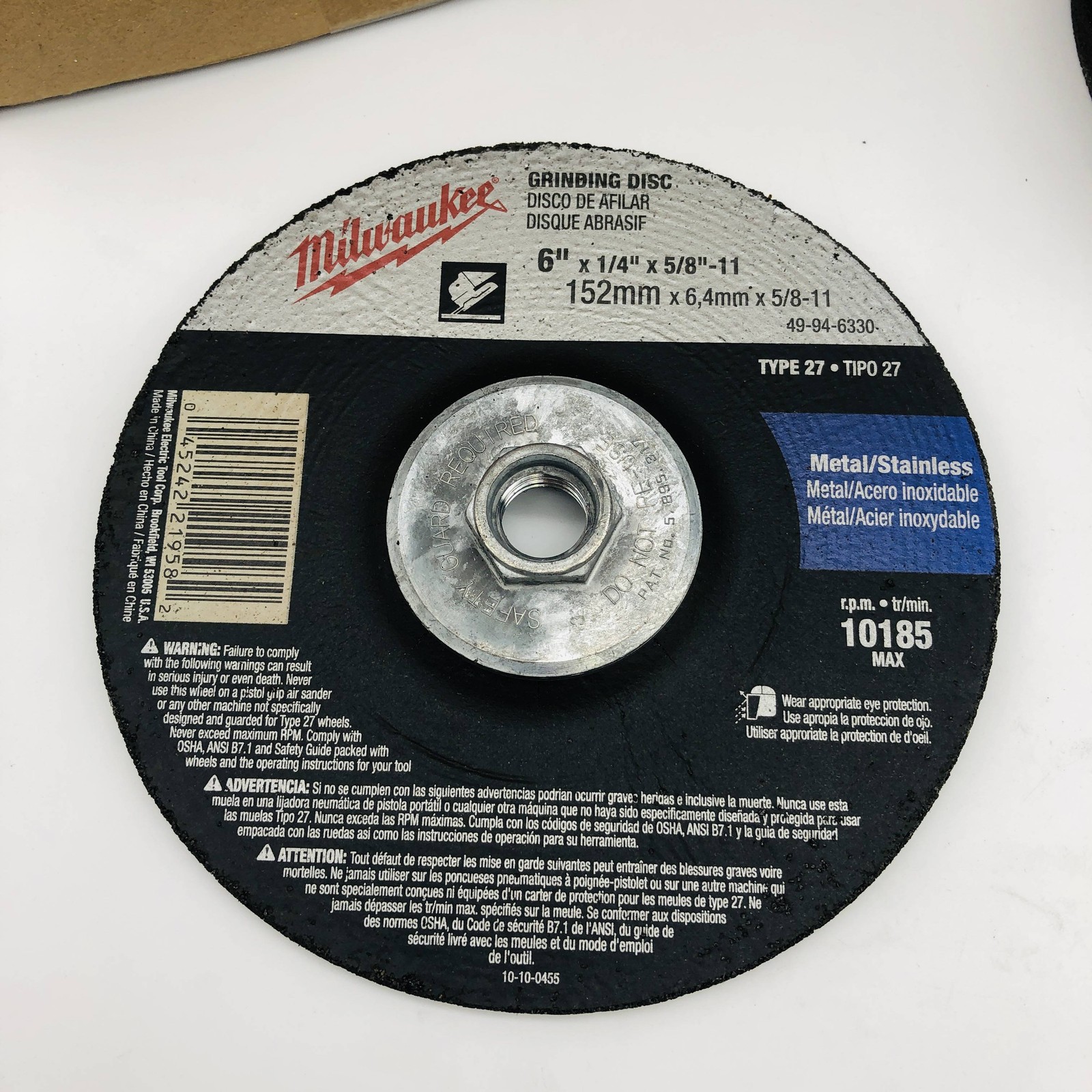 5pk Milwaukee 49-94-6330 Grinding Disc 6in x 1/4in x 5/8in-11 Type 27 AO