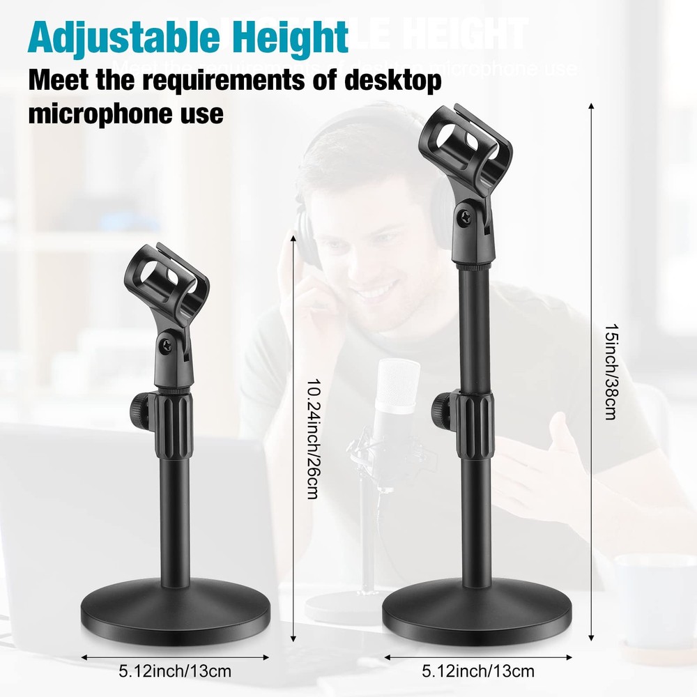 2 PCS Adjustable Desktop Microphone Stand with Mic Clip Round Metal Base