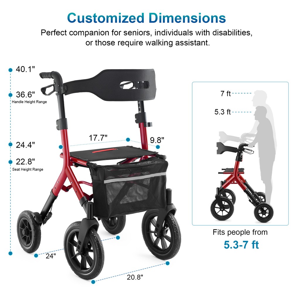 12"+10" Rubber Wheels All-Terrain Rollator Walker w/Seat Folding Adjustable