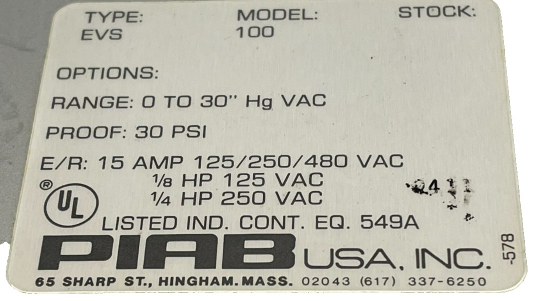 NEW PIAB EVS-100 VACUUM SWITH 31.16.041 EVS100
