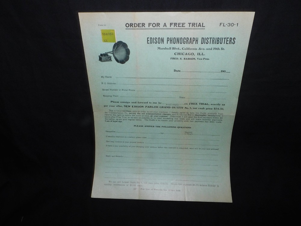 EARLY 1900'S EDISON PHONOGRAPH DISTRIBUTERS CUSTOMER FORM - 100% ORIGINAL