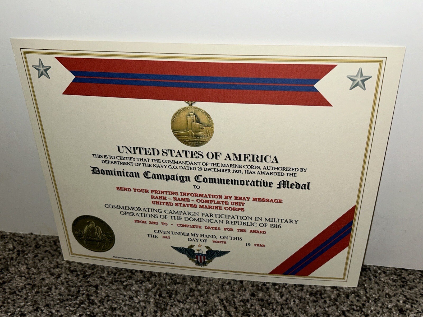 DOMINICAN CAMPAIGN (USMC) COMMEMORATIVE MEDAL CERTIFICATE ~ W/PRINTING TYPE-1