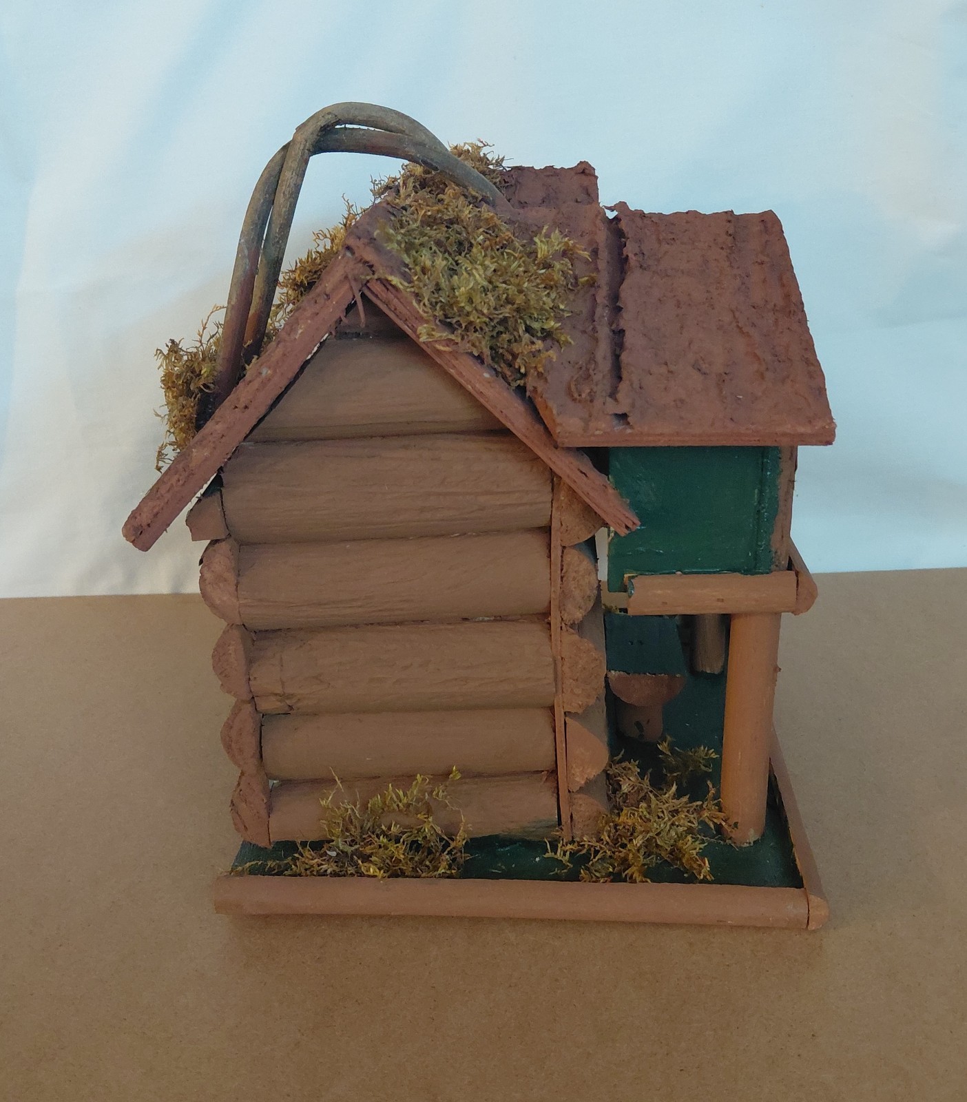 Rustic Gone Fishing Log Cabin Birdhouse Cottage Wood Bark Moss Accents Unused
