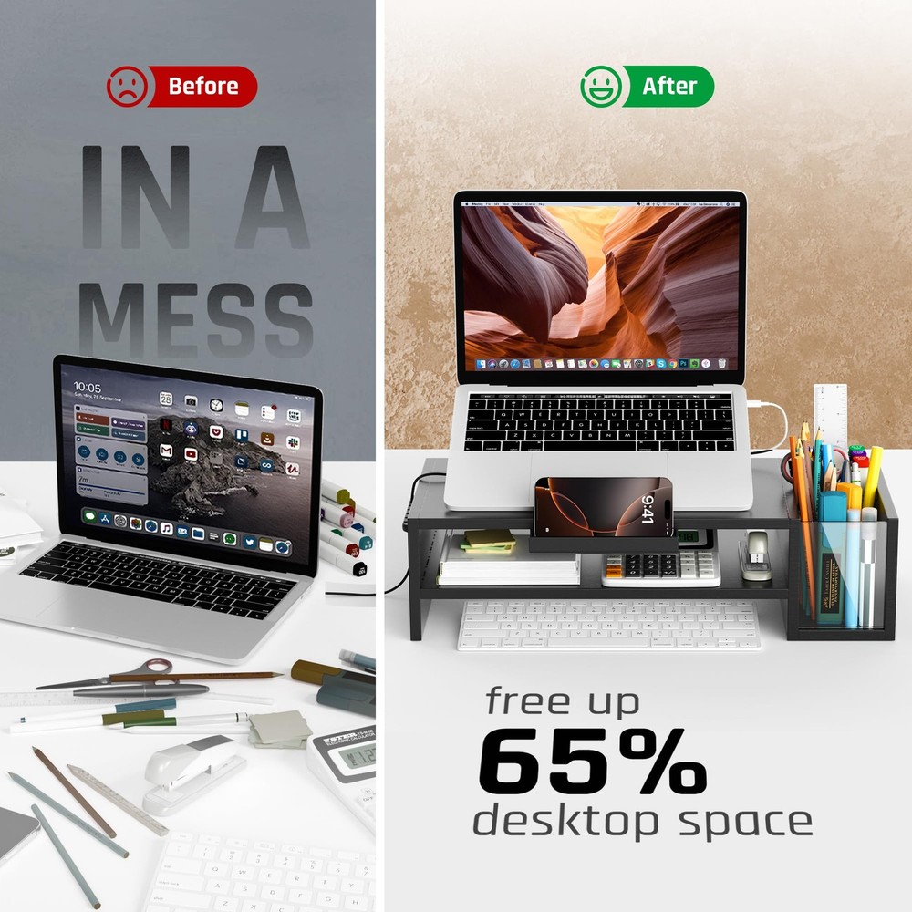 Adjustable Wood Laptop Stand, Ergonomic Height & Angle Computer Riser with Pe...