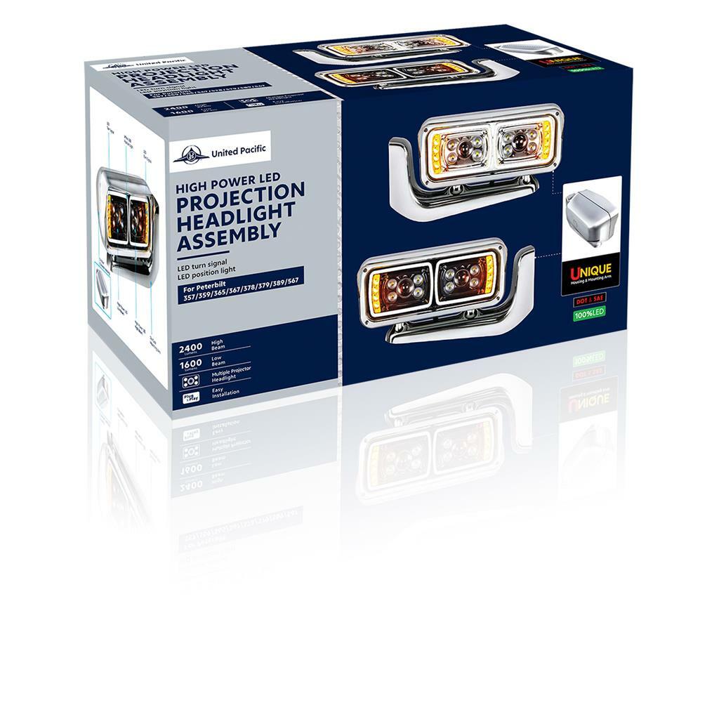 Pair All LED Blackout Headlights - Full Assembly w/ Mounting Arms For Peterbilt