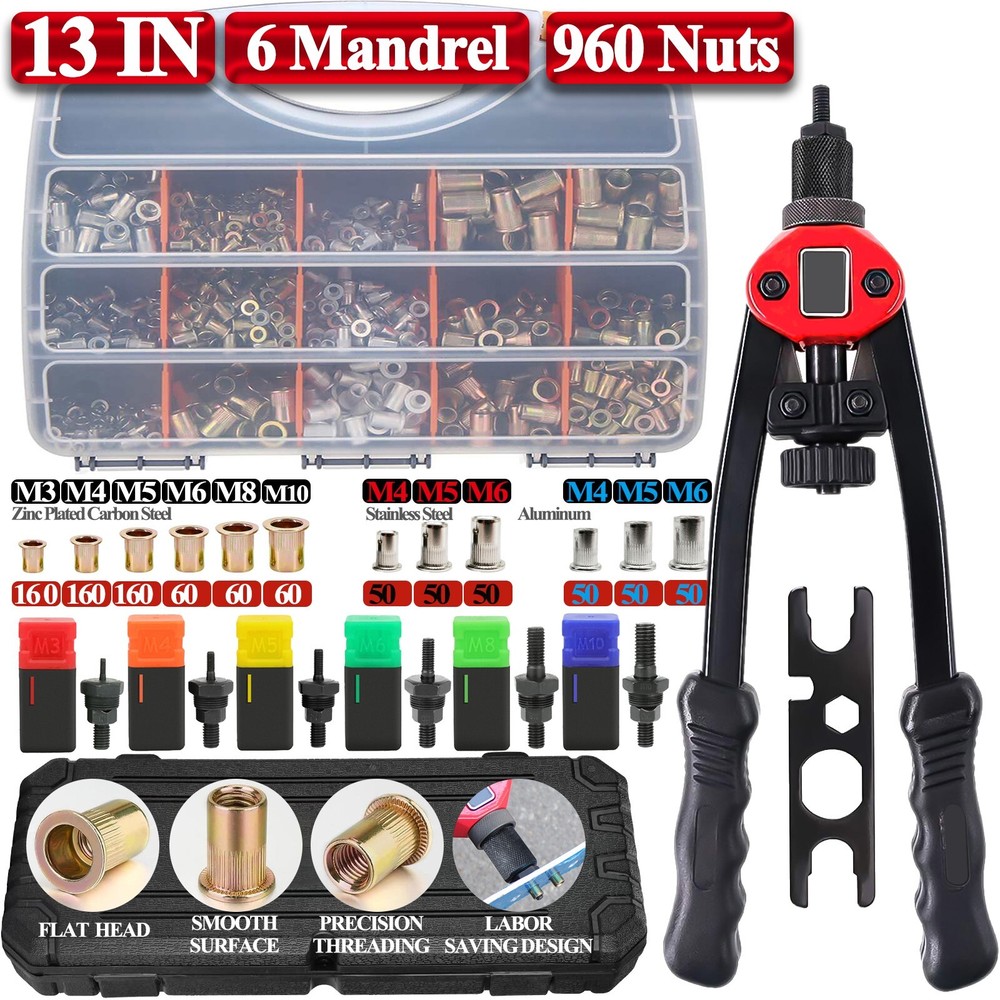 960pcs Rivnut Stainless Steel Rivet Nut Tool Nutsert Tool Kit Mandrels Kit Mixed