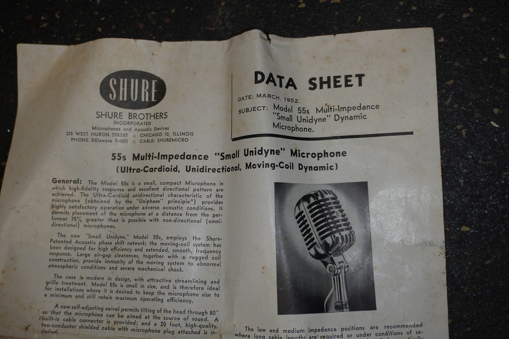 Shure 55s Microphone Data Sheet 1952