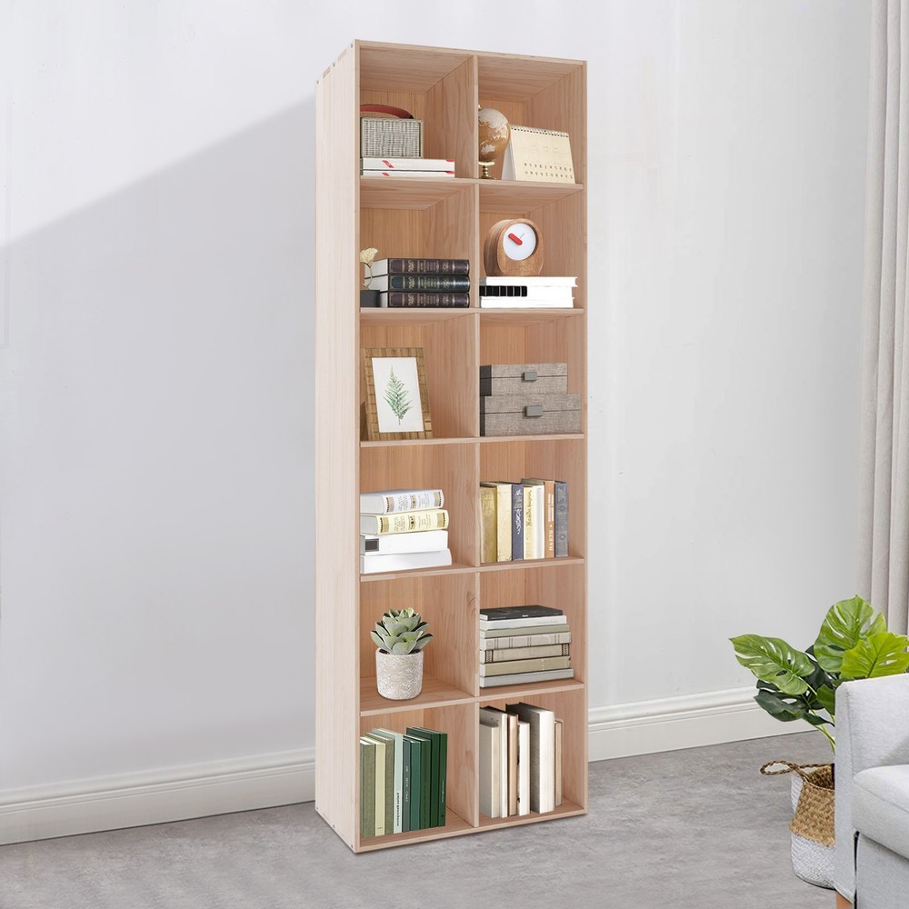 12 Compartments Book Storage Display Cabinet 180cm Bookshelf Solid Wood Bookcase
