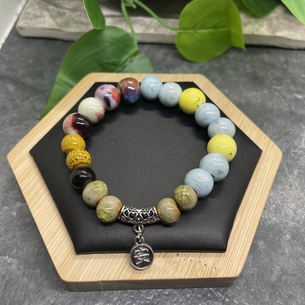 Handmade Ceramic Bead Beaded Stackable 6.5” Plus Stretch Bracelet New B469