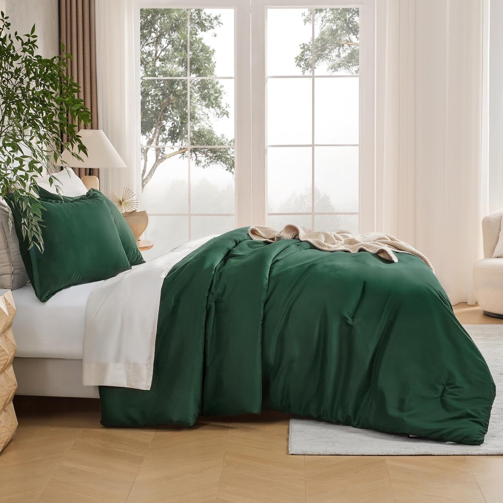 Andency Dark Emerald Green Full Size Comforter Set, 3 Pieces Boho Solid Forest
