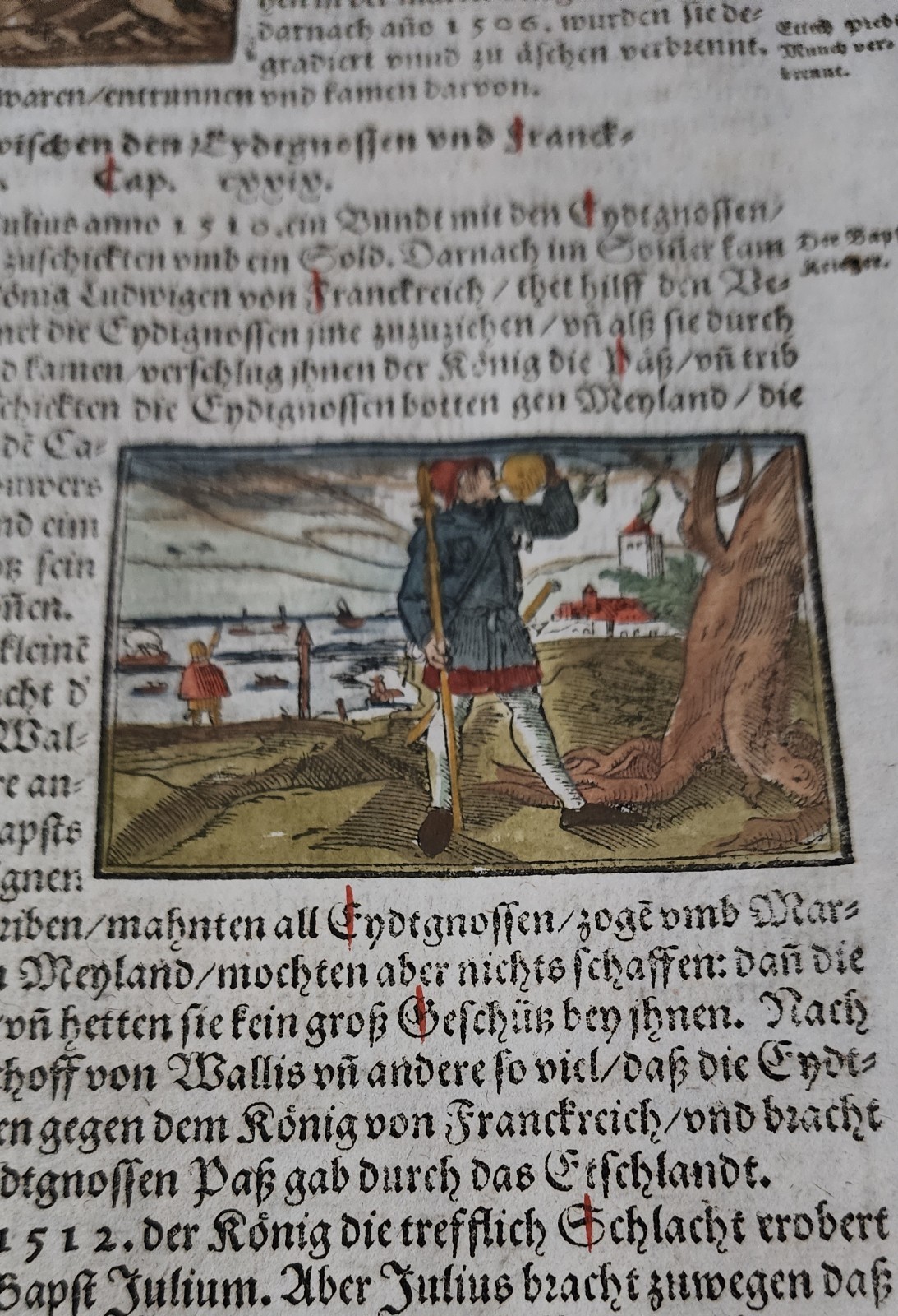 1588 German Manuscript Book Page Hand Colored War Burned At Stake 1500s Ephemera