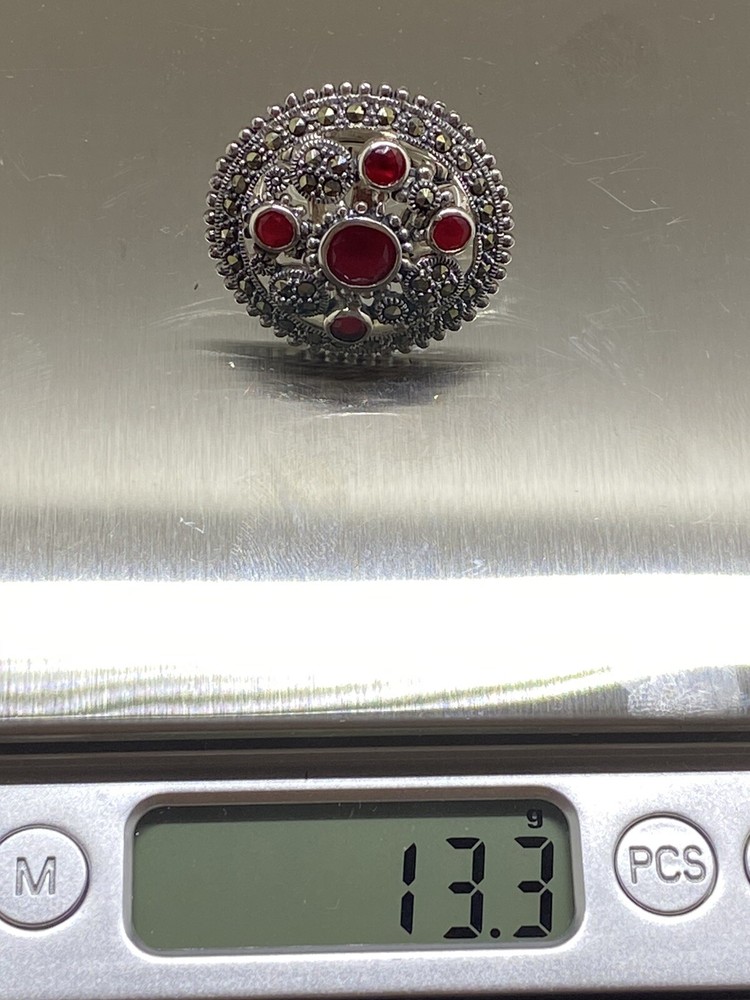 Beautiful 925 Silver Ruby-Marcasite Ring Size 9 W 13.2 Gr.