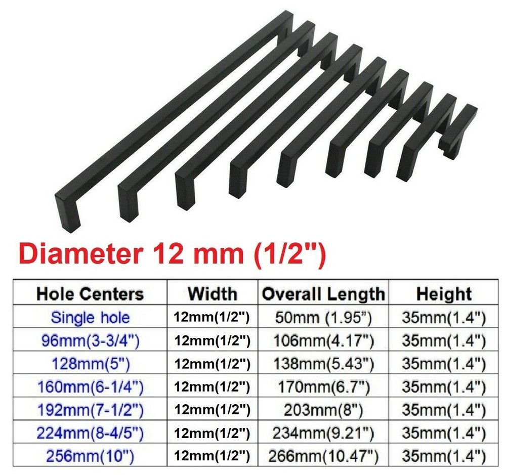 Black Kitchen Square Cabinet Handles Drawer Pull Knobs Stainless Steel 12mm 1/2"