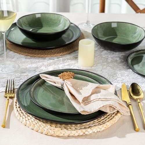 Ceramic Dinnerware Sets,Handmade Reactive Glaze Service for 4 Matte Jade Green