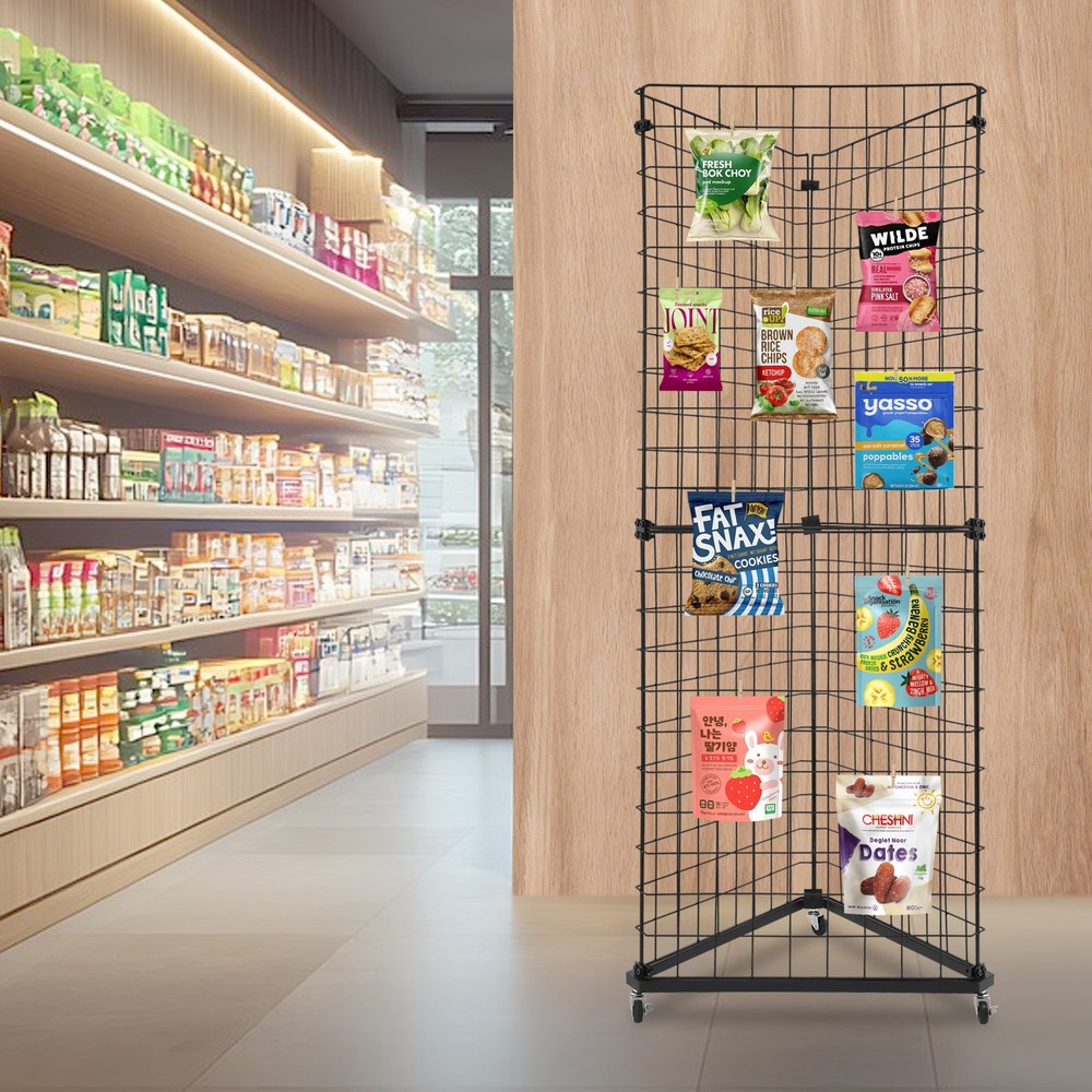 Triangle Wire Grid Display Stand with Casters - Stable Corner RackUSUS
