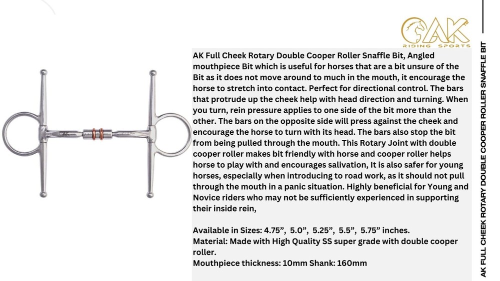 AK Full Cheek Rotary Double Cooper Roller Snaffle Horse Riding Bit