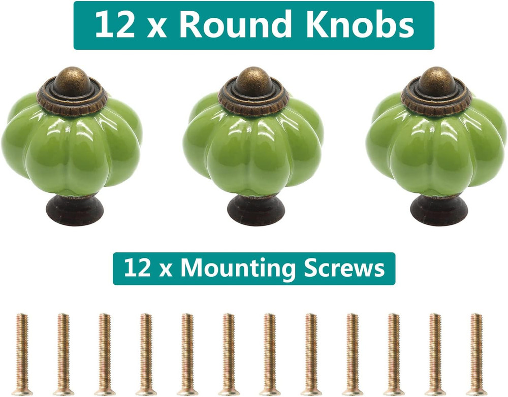 12pcs Grass Green Pumpkin Knobs, Vintage Ceramic Cabinet Handles, Drawer Pulls f