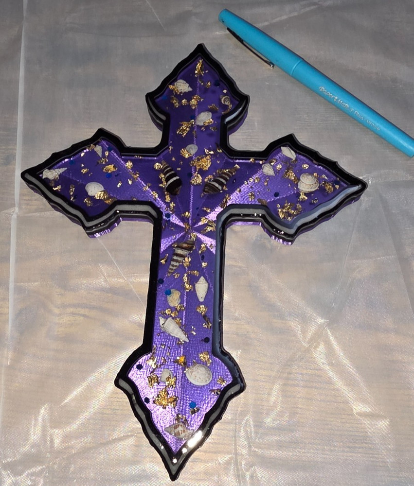 Handmade Cross Wall Decor 9x6+ GITD Goldflake & Seashells Authentic Gift W/Drape