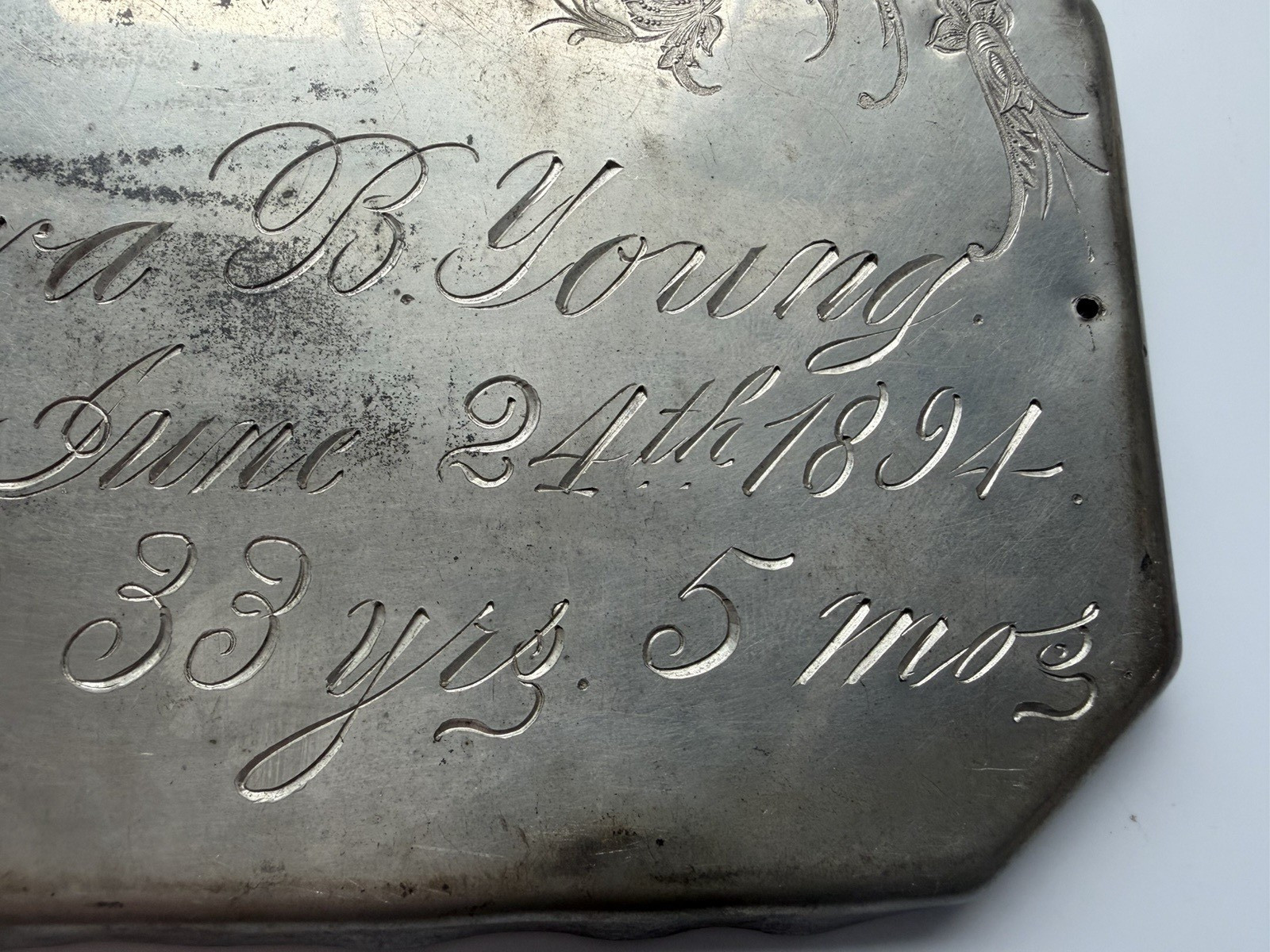 Antique Born CIVIL WAR Died June 24th 1894 Funeral Casket Silver Plate Maine