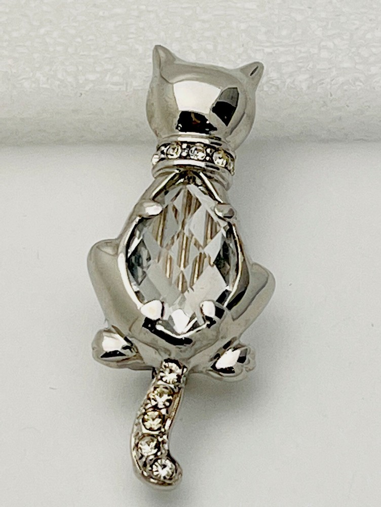 Silver Tone  Crystal Cat Pin  Brooch