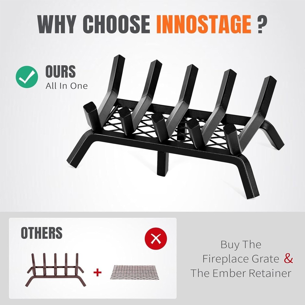 17 Inch Fireplace Grate, Solid Steel, Hearth Wood Holder
