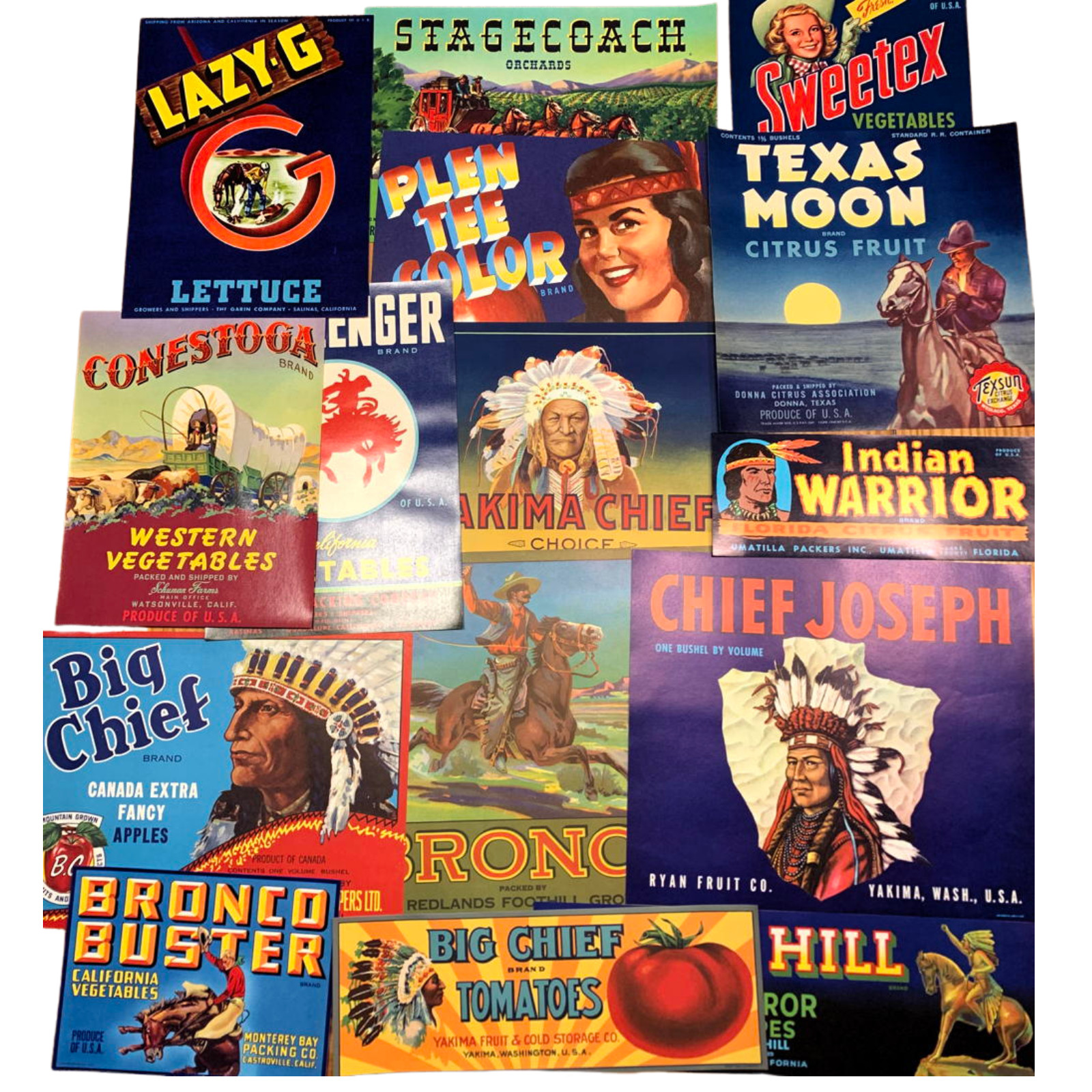 15 Vintage Cowboy & Indian Fruit Crate Labels | 1920s–1950s Citrus Art | NOS