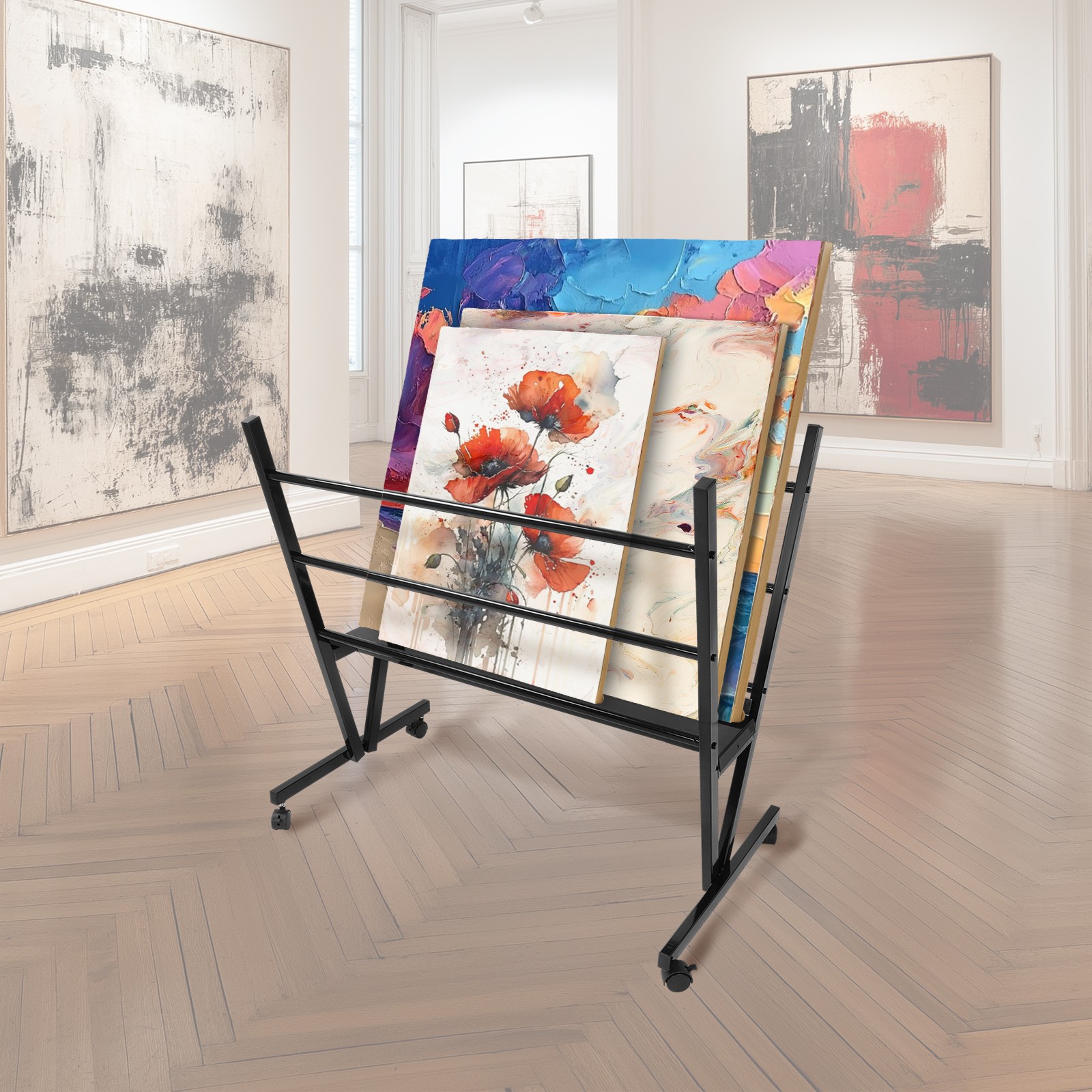 Art Storage Rack, Metal Print Rack W/ Rolling Casters Stand For Artwork, Posters