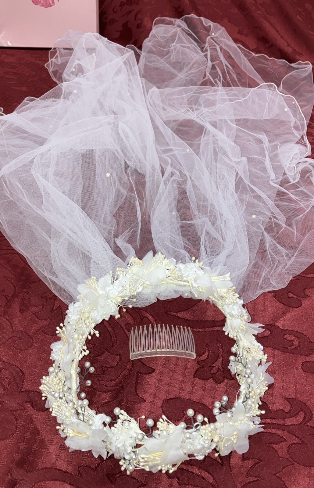 Beautiful Vintage Bridal Veil W/ Flowers And Pearls Headdress And  White Netting