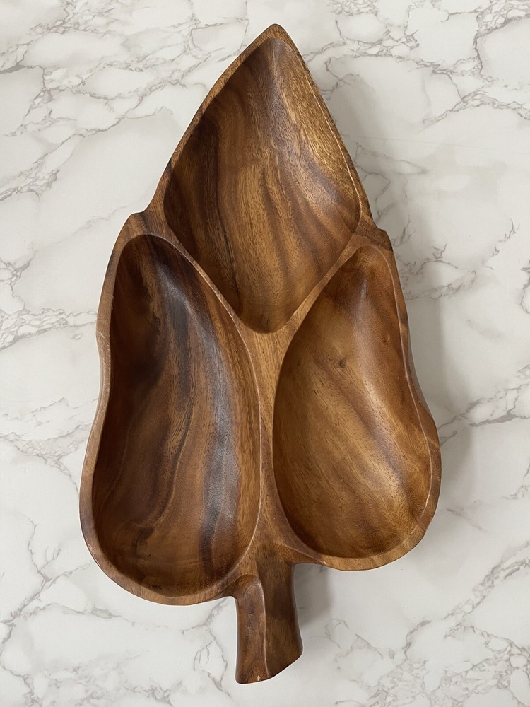 Solid Wood Leaf Shaped Divided Tray Serving Dish 3 Section MCM Philipines