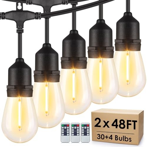96FT(* 48FT) Outdoor String Lights with Remote, Dimmable Patio Lights 2 Black