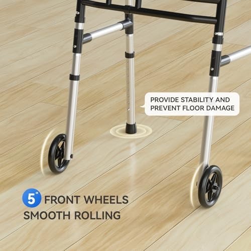 Lightweight Folding Walker for Seniors, Adjustable Height & Width, 5'' Front Whe