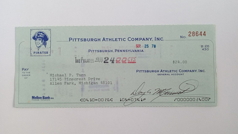 Michael P. Tarn: 1978 Pittsburgh Pirates Expense Check