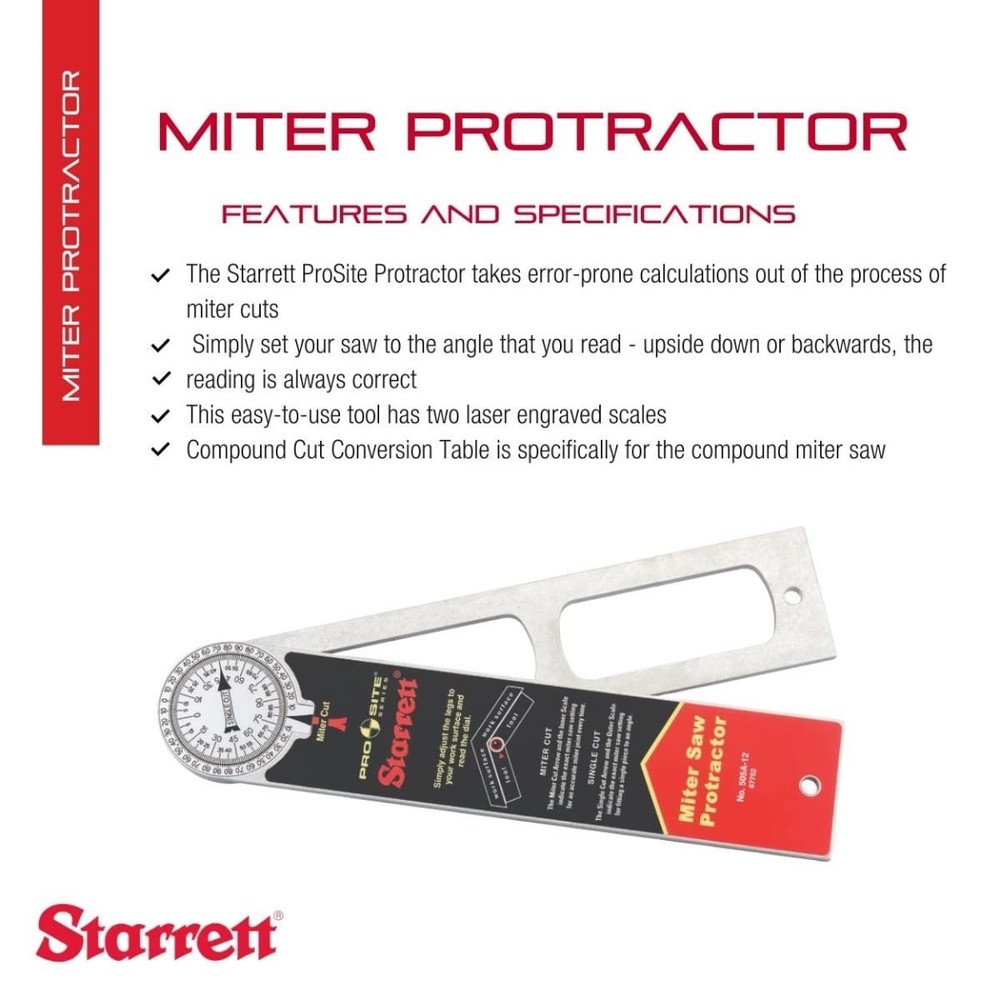 Starrett ProSite Miter Protractor Angle Finder with Two Laser Engraved Scales -