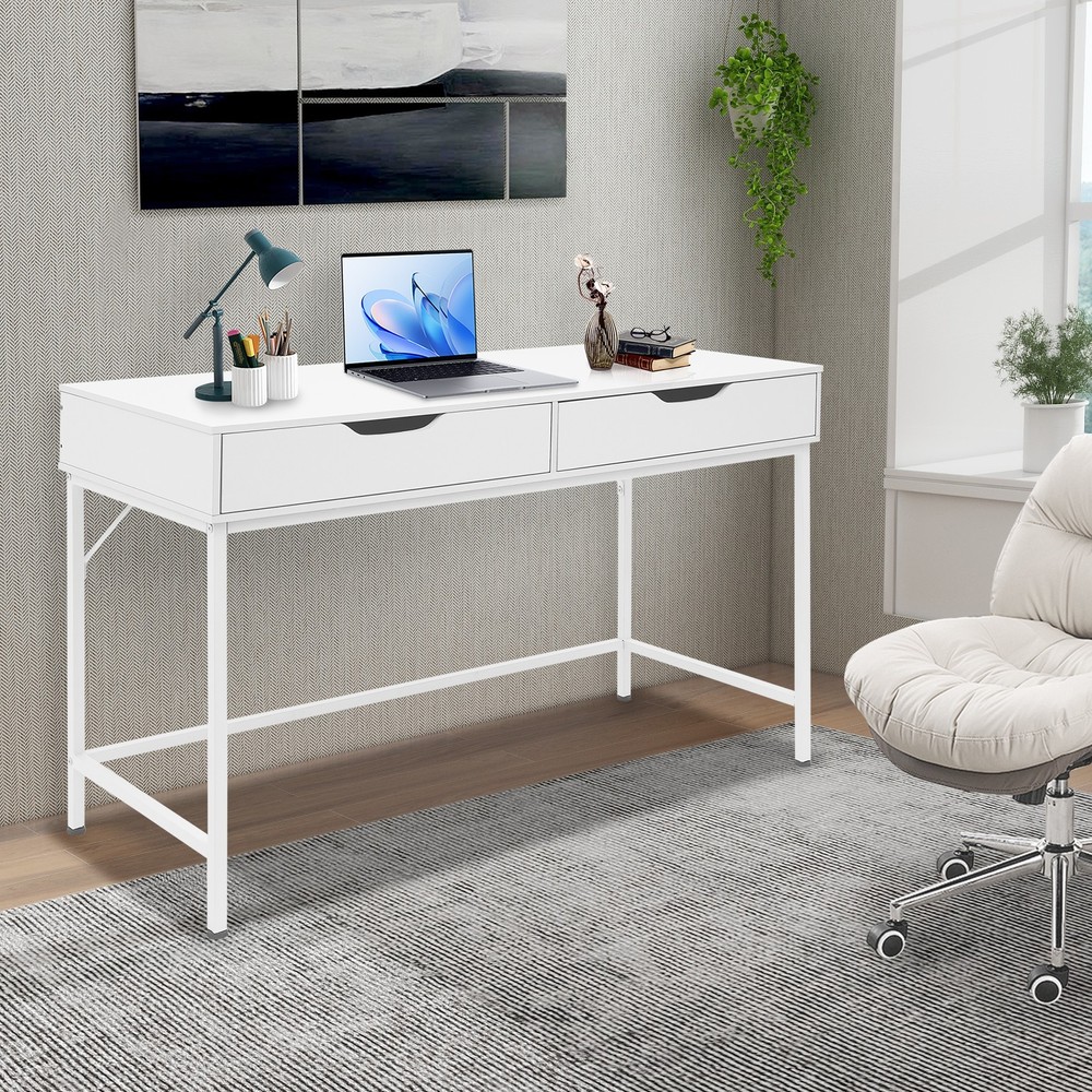 Office Computer Desk Metal Frame Modern Study Writing Table w/ 2 Drawers White