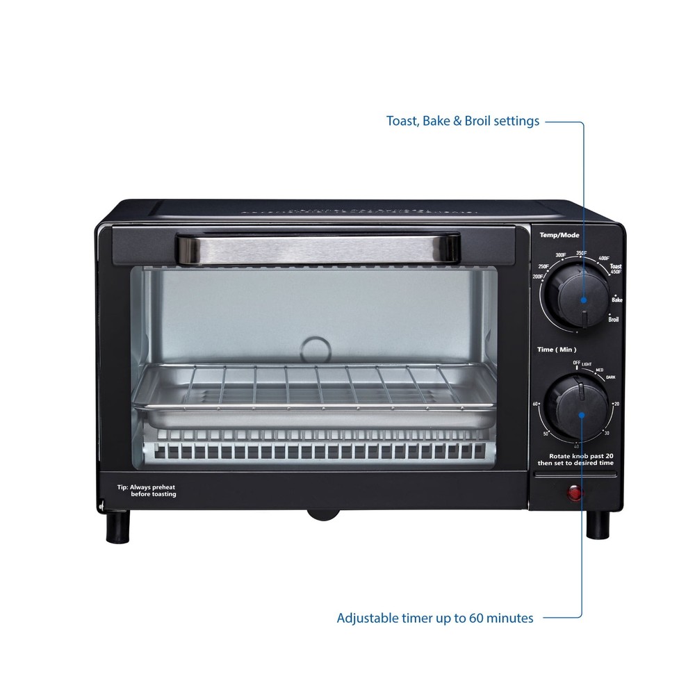 4 Slice Countertop Toaster Oven with 3 Settings, includes Baking Rack Pan,Black