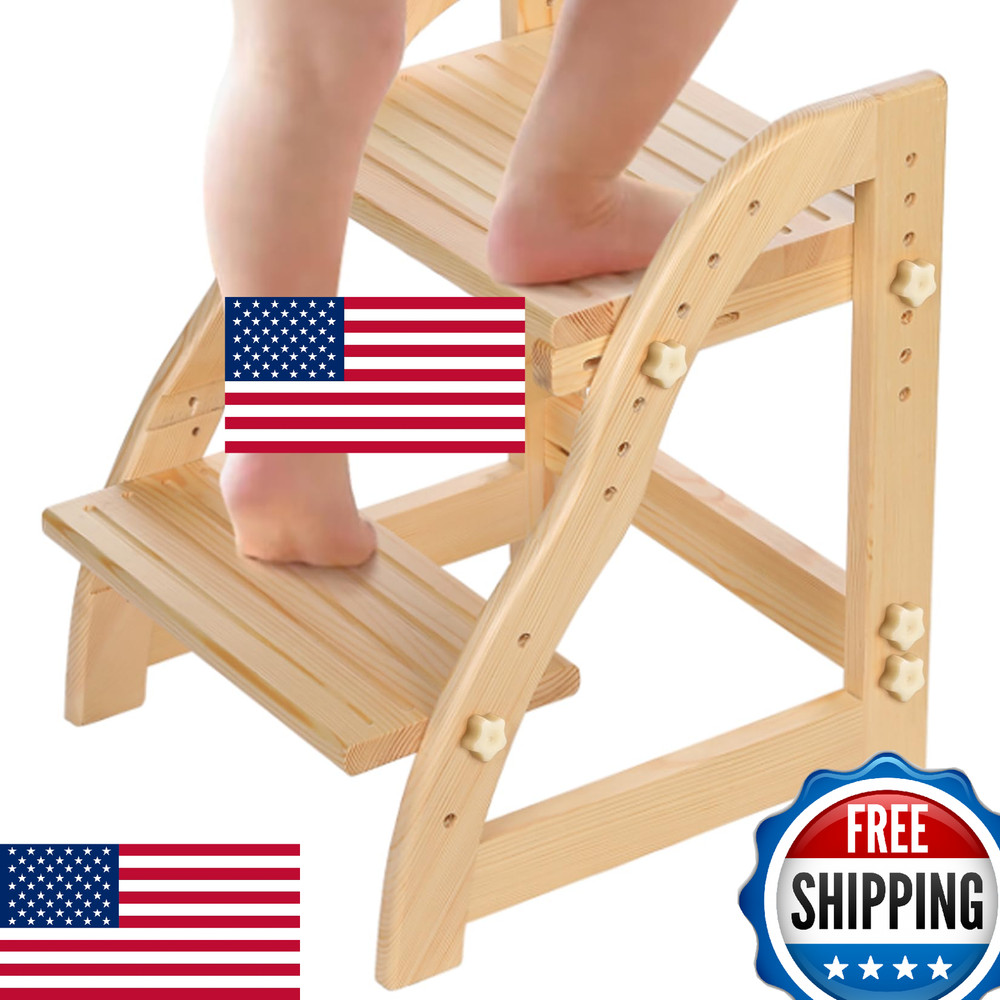 AIMOADO Wooden Two Step Stool for Kids - Adjustable Height & Non-Slip