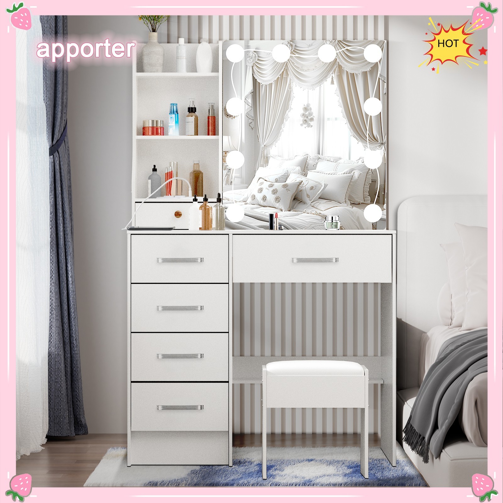 10 LED Bulbs Mirror Vanity Dressing Desk Makeup Dresser Table With USB Port