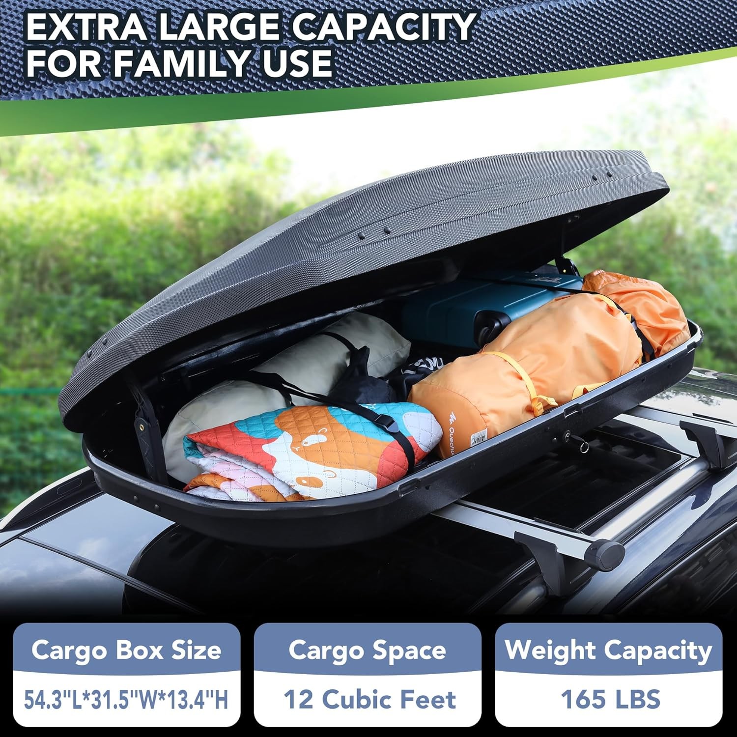12 Cu Ft Rooftop Cargo Box Carrier with Dual-Side Opening，Secure Straps and Keys