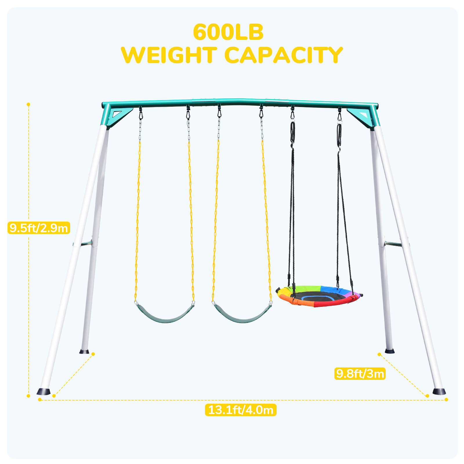 700 LBs Heavy Duty Swing Set 9.5ft Frame Weatherproof Kids & Adult With 3 Swings