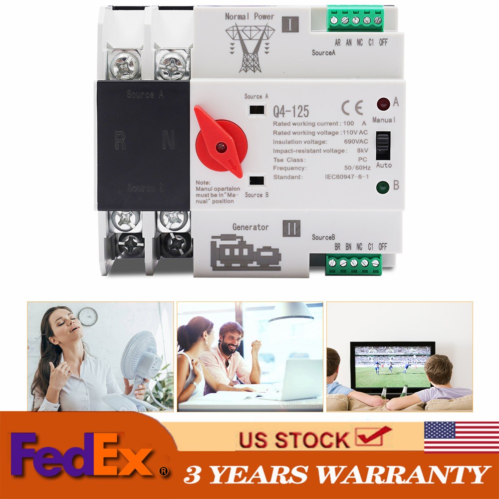 Automatic Transfer Switch 2P 100A Generator Changeover Switch Dual-Power NEW!